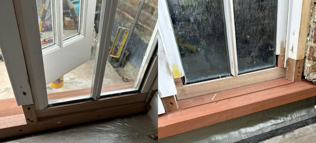 Before and after image of a door frame repair. The left side shows a damaged door frame, while the right side displays the frame repaired with new wood and caulking as part of our Sash Windows Restoration Project.