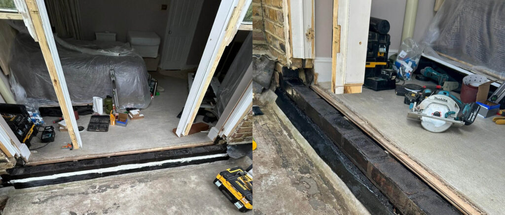 Two images showcasing a sash windows restoration project. The left image displays a partially constructed doorway with tools scattered around. The right image provides a closer view of the same doorway, highlighting the construction materials in use.