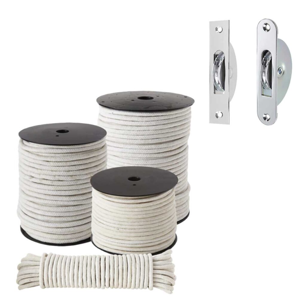 Four coils of white rope in various sizes and two silver hardware pieces are displayed against a white background, ready to complement your new double-glazed sashes.