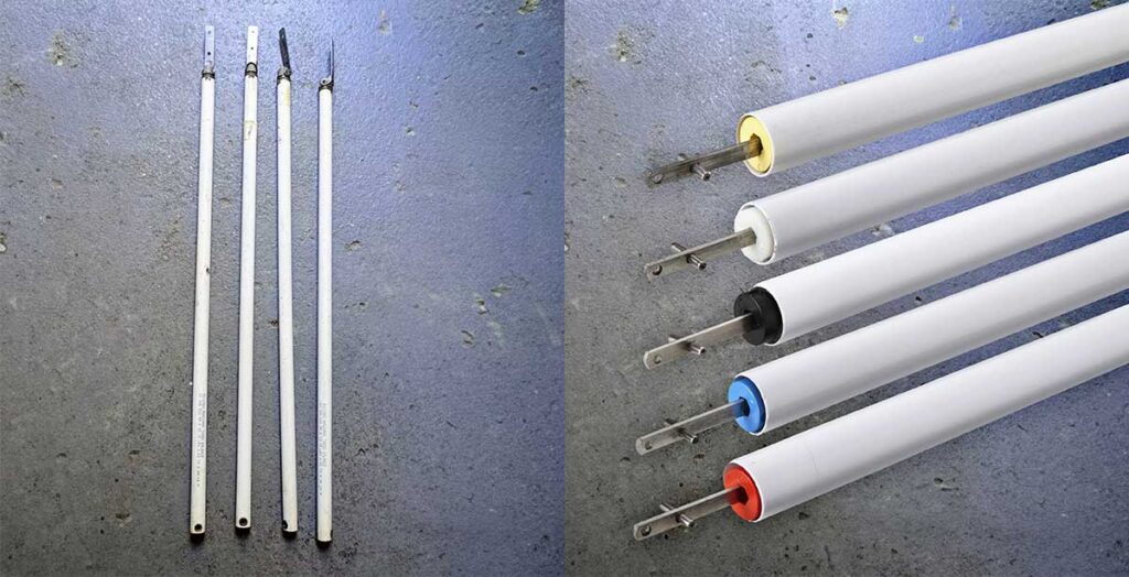 Four fluorescent light tubes are pictured on the left; five roller shades with different-colored edges, designed for optimal draught proofing, are displayed on the right.