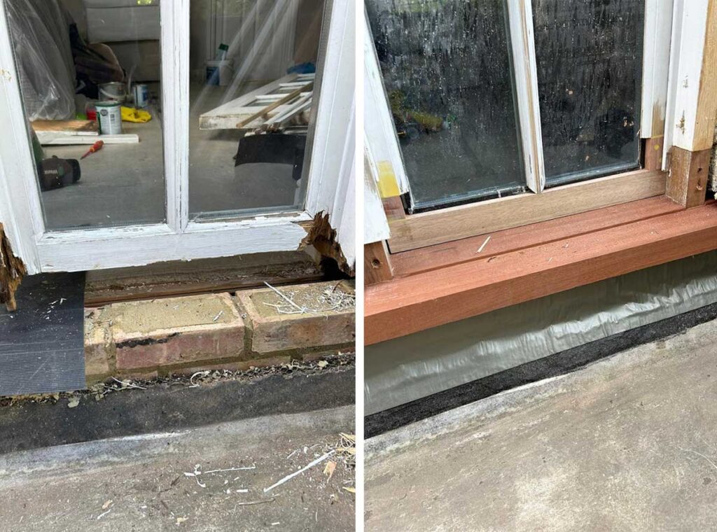 Before and after images of door frame repair: the left image shows a damaged and rotting door frame, while the right image shows not just a newly repaired and painted door frame but also new double-glazed sashes installed into the existing box frame.