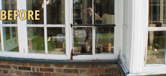 Exterior view of an old window with peeling paint and visible wear, hinting at the need for window rot repair. Text "BEFORE" is displayed in the top left corner.