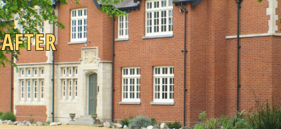 Brick building with white-framed sash windows and a decorative stone entrance. The word "AFTER" is displayed on the left side, highlighting a recent sash window repair in Kent.