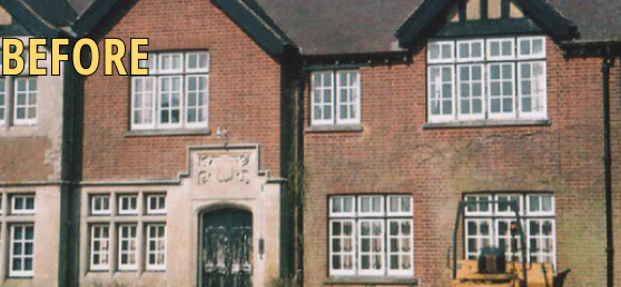 Brick house with large sash windows and a black front door, labeled "BEFORE," showcasing the need for sash window repair in Kent.